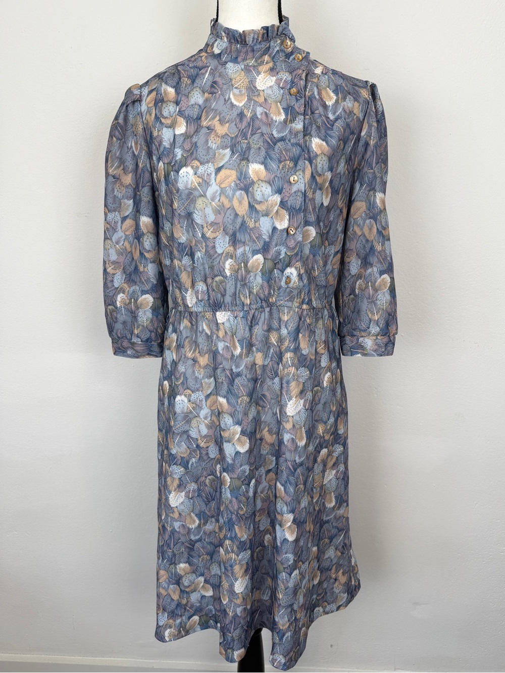 Vintage Size 12 Blue Feather Print Prairie Dress High Neck Midi Dress